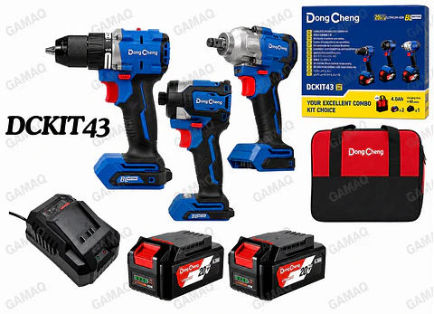 COMBO DCKIT43BK:  TALADRO PERCUTOR 1/2″ DCJZ2060i 60Nm + ATORNILLADOR IMPACTO 1/4″ DCPL208 208Nm + LLAVE IMPACTO DCPB488FK 20V 480NM 2BAT. 4AH DONG CHENG