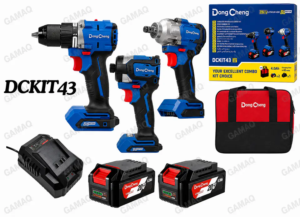 COMBO DCKIT43BK:  TALADRO PERCUTOR 1/2″ DCJZ2060i 60Nm + ATORNILLADOR IMPACTO 1/4″ DCPL208 208Nm + LLAVE IMPACTO DCPB488FK 20V 480NM 2BAT. 4AH DONG CHENG 1