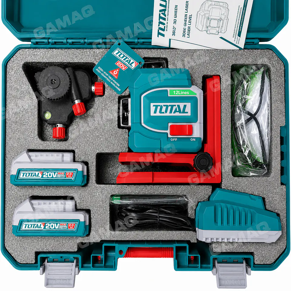NIVEL LASER TOTAL 12L 20V 35m COLOR VERDE +2 BATERIA DE 2AH +CARGADOR + ACCESORIOS 2