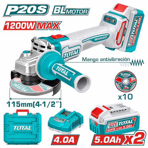 AMOLADORA 4.5 20V BRUSHLESS 3000-9000rpm 115mm m14 1200W ANTI-VIBRACION 2x5.0Ah  total- TAGLI2120252