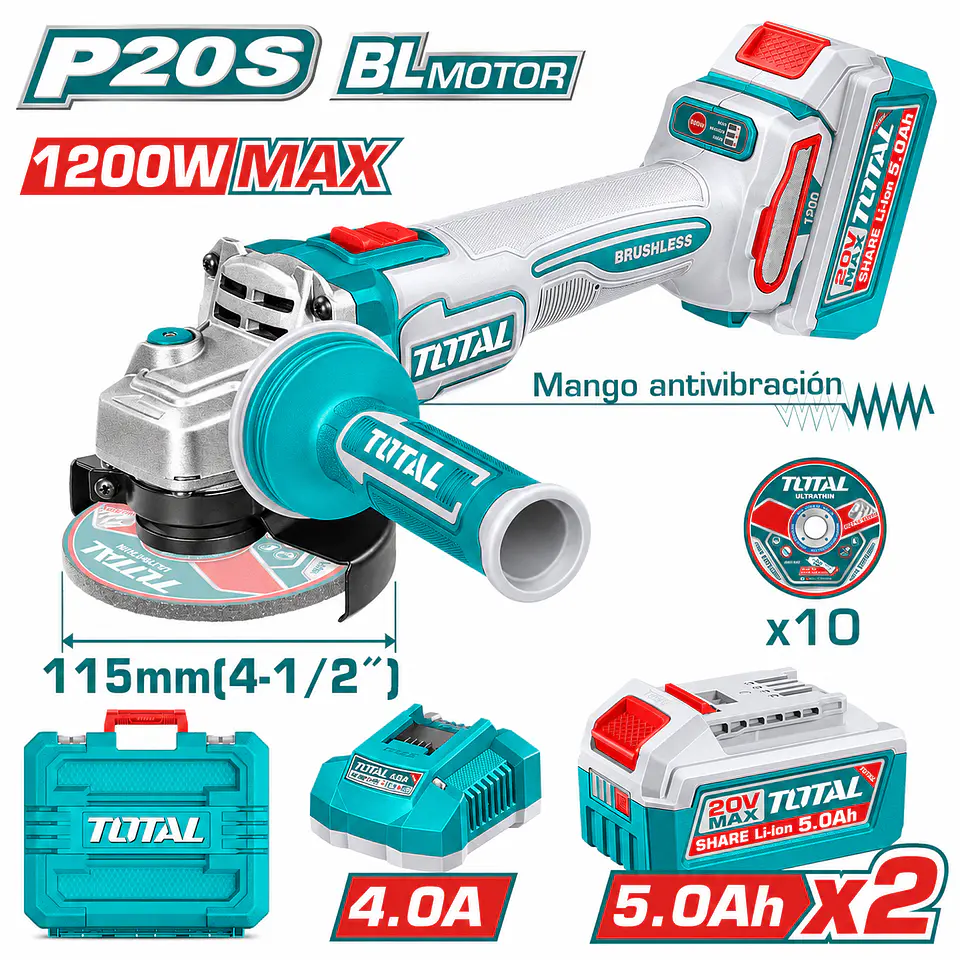AMOLADORA 4.5 20V BRUSHLESS 3000-9000rpm 115mm m14 1200W ANTI-VIBRACION 2x5.0Ah  total- TAGLI2120252 1