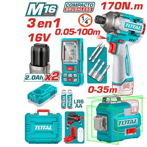 COMBO 3 EN 1 M16 DESORNILLADOR IMP 170NM + MEDIDOR LASER + NIVEL LASER 2X2.0AH INDUSTRIAL - TOSLI250886