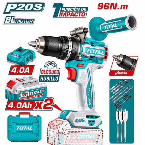 TALADRO PERCUTOR 96NM LI-ION 20V 13MM 2x4.0AH BRUSHLESS +ACC Y MANGO TOTAL - TIDLI209686