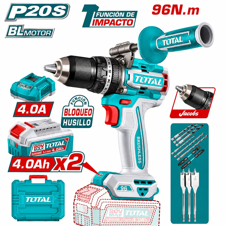 TALADRO PERCUTOR 96NM LI-ION 20V 13MM 2x4.0AH BRUSHLESS +ACC Y MANGO TOTAL - TIDLI209686 1