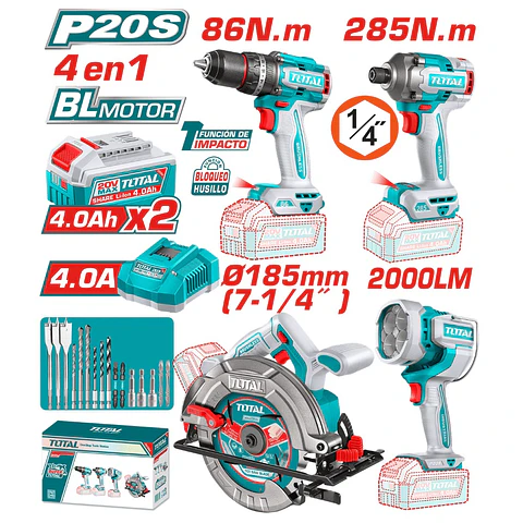 COMBO 4 EN 1 BL TALADRO 86NM + ATORNILLADOR 285NM + SIERRA 185MM + LINTERNA 2000LM +ACC INDUSTRIAL - TOSLI251082