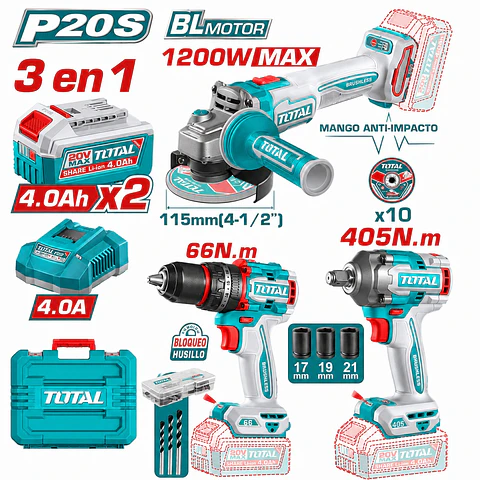 COMBO 3 EN1 20V TALADRO 66NM + LLAVE 405NM + AMOLADORA 1200W 2X4.0AH + ACC MALETIN INDUSTRIAL - TCKLI20358