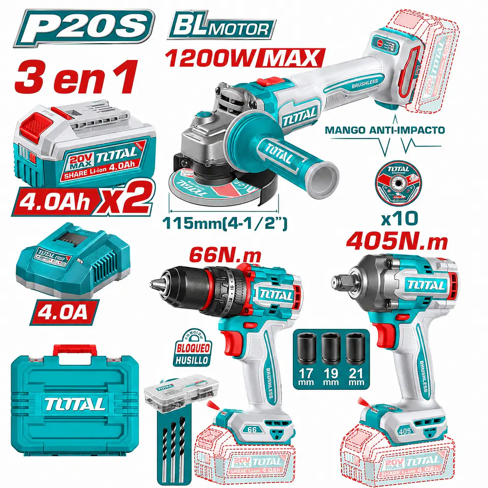 COMBO 3 EN1 20V TALADRO 66NM + LLAVE 405NM + AMOLADORA 1200W 2X4.0AH + ACC MALETIN INDUSTRIAL - TCKLI20358 1