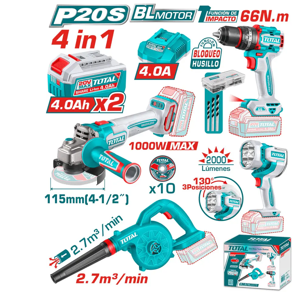 COMBO 4 EN 1. 20V TALADRO 66NM + AMOLADORA 1000W + SOPLADORA + LINTERNA + ACC 2X4.0AH INDUSTRIAL - TOSLI250993 1