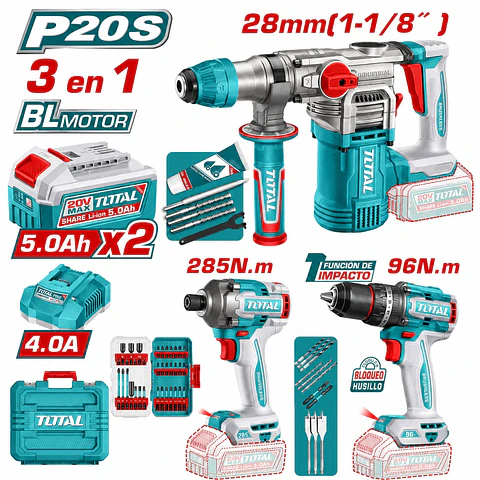 COMBO 3 EN 1 ROTOMARTILLO 28MM + TALADRO IMP. 96NM + DES.IMPAC. 285N - TOSLI250693