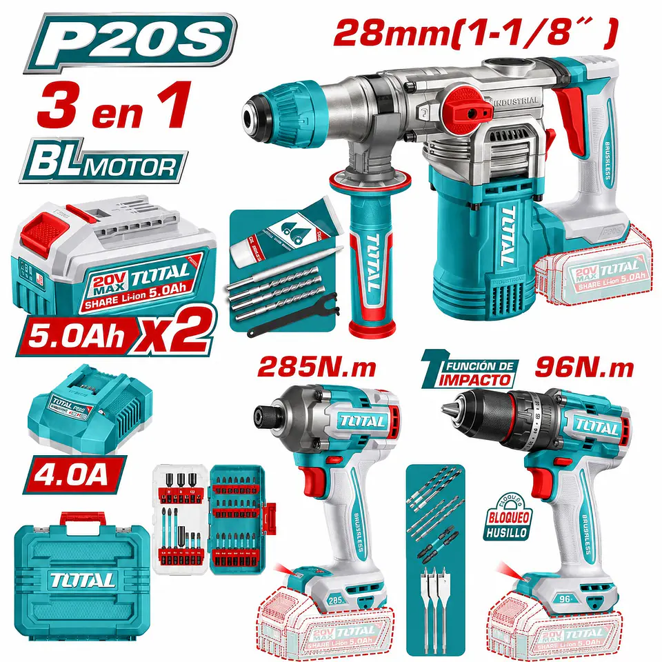 COMBO 3 EN 1 ROTOMARTILLO 28MM + TALADRO IMP. 96NM + DES.IMPAC. 285N - TOSLI250693 1