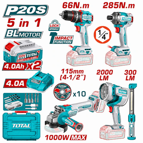 COMBO 5 EN 1 TALADRO PERCUTOR 66NM + ATORNILLADOR DE IMPACTO 285NM + AMOLADORA 1000W + LINTERNA TOTAL - TOSLI250692