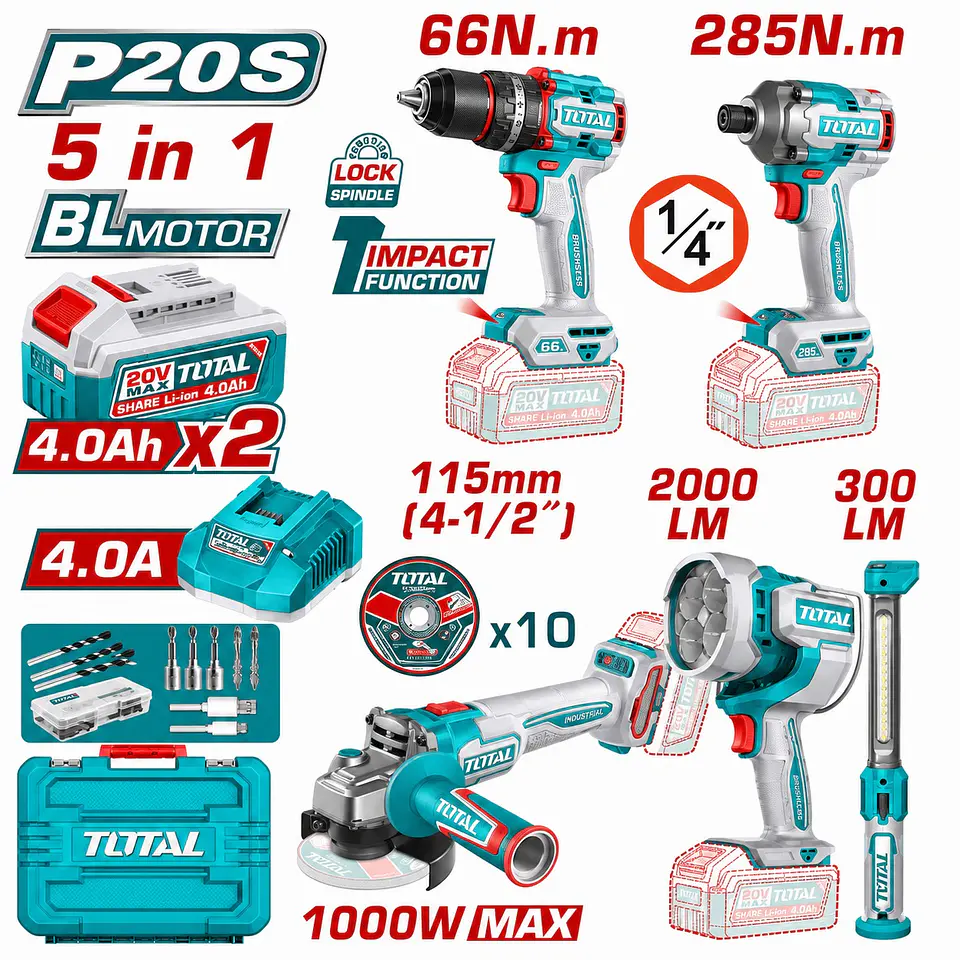 COMBO 5 EN 1 TALADRO PERCUTOR 66NM + ATORNILLADOR DE IMPACTO 285NM + AMOLADORA 1000W + LINTERNA TOTAL - TOSLI250692 1