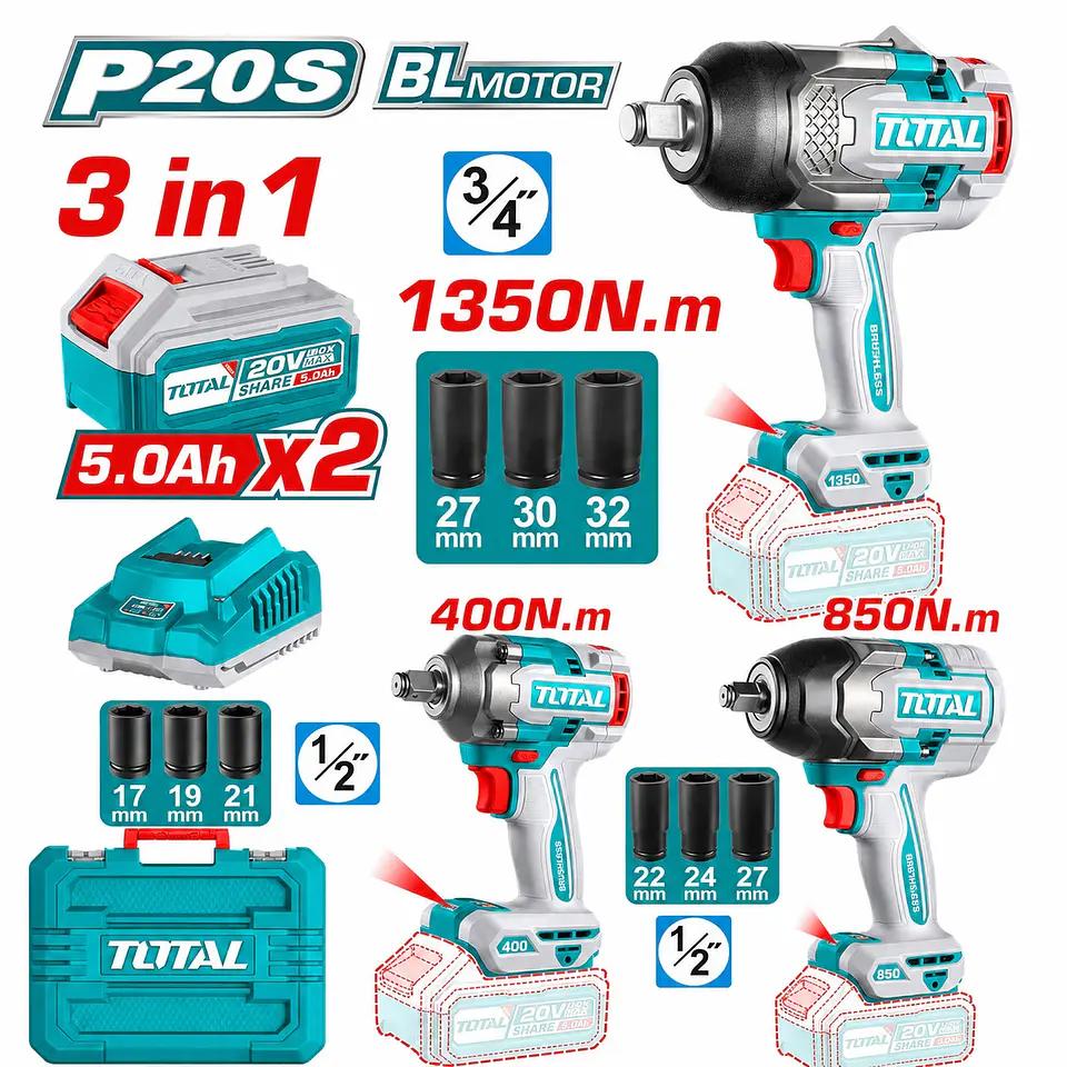 KIT LLAVES DE IMPACTO INALÁMBRICA 400NM - 850NM - 1350NM 20V (TOSLI250386) 1
