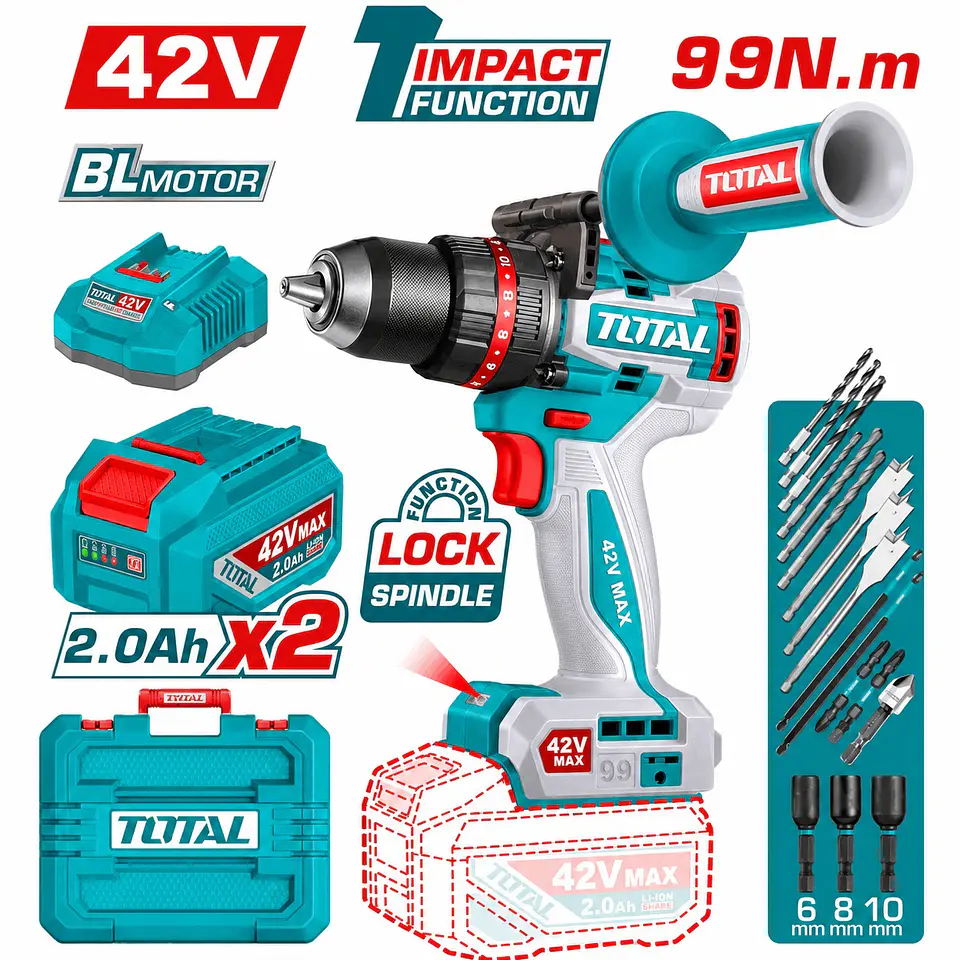 TALADRO PERCUTOR 42V 99NM 13MM 2X2.0AH BRUSHLESS +ACC MALETIN INDUST - TIDLI429982 1