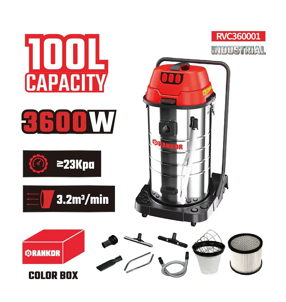 ASPIRADORA INDUSTRIAL DE POLVO Y AGUA RVC360001 3600W 100Litros RANKOR 1