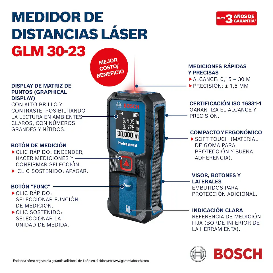 MEDIDOR DE DISTANCIA LÁSER ROJO 30M BOSCH PROFESSIONAL GLM 30-23 3