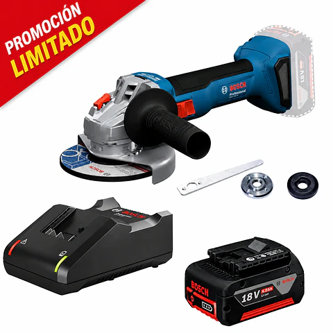 Amoladora Inalámbrica Bosch GWS 18V-8 18V 5" 125mm 1 Bat 4Ah + 1 Cargador + bolso