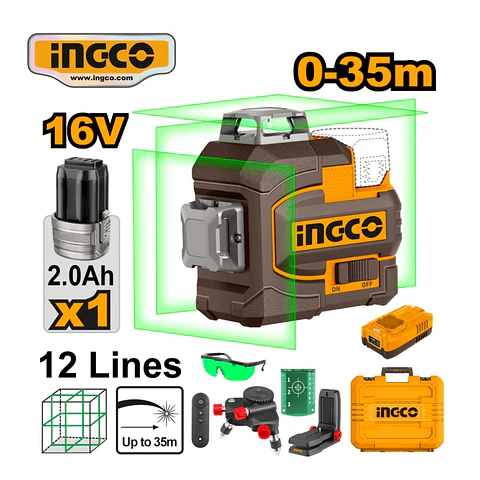 NIVEL LÁSER VERDE 360° 3D 12 LÍNEAS INGCO HLL301201 16V 35M + BATERÍA 