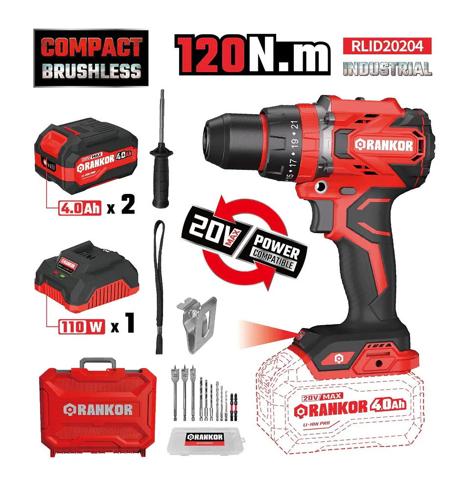 TALADRO ATORNILLADOR PERCUTOR INDUSTRIAL 1/2″ RANKOR RLID20204 20V 70NM 2BAT X 2AH BRUSHLESS 1