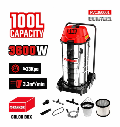 ASPIRADORA INDUSTRIAL POLVO Y AGUA 100L 3600W RANKOR RVC360001