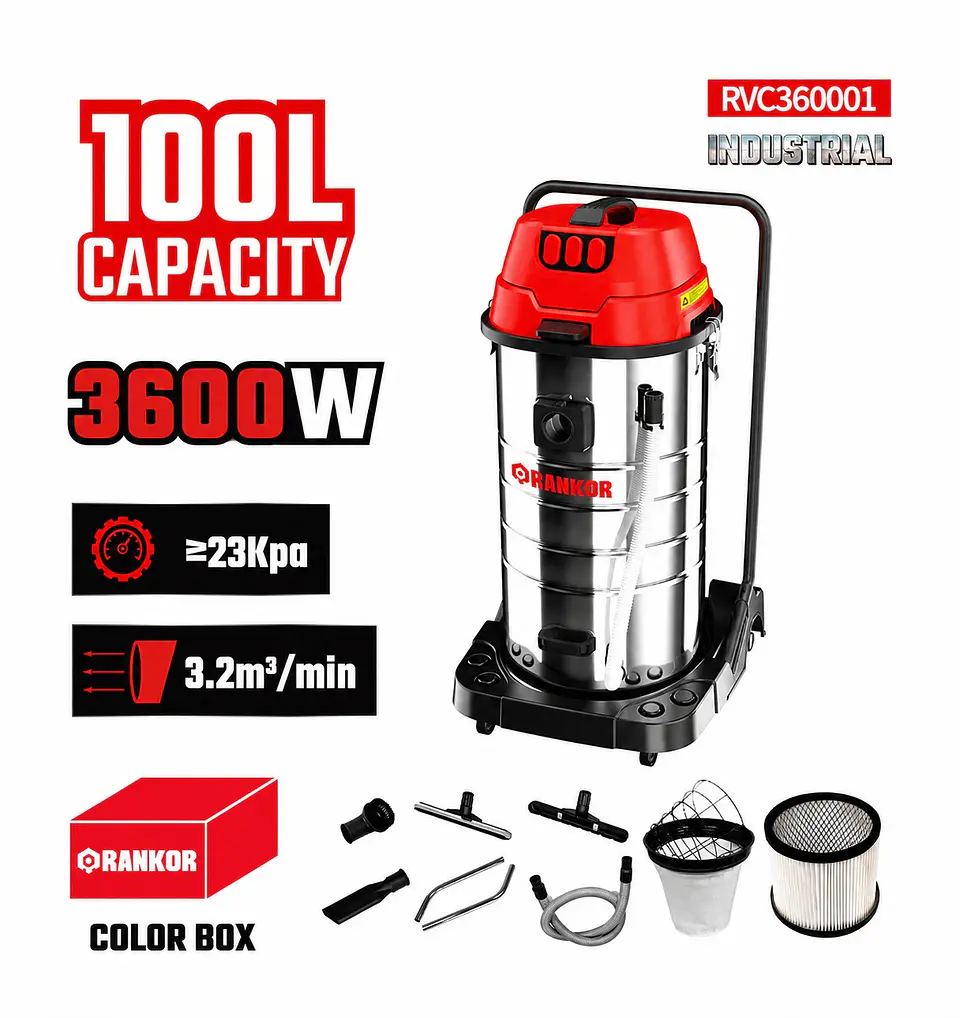 ASPIRADORA INDUSTRIAL POLVO Y AGUA 100L 3600W RANKOR RVC360001 1