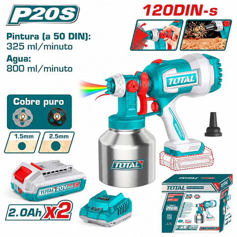 PISTOLA DE PINTAR INALÁMBRICA TOTAL 20V 1000ML 2 BATERÍAS 2AH TSGLI200414
