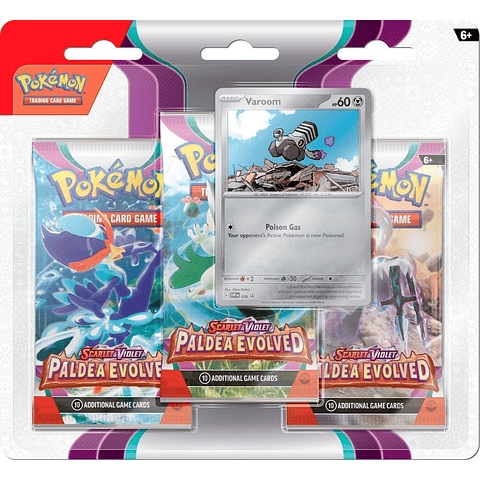 TCG sobre Pokémon Escarlata & Púrpura: Evoluciones en Paldea 3 Blister Español