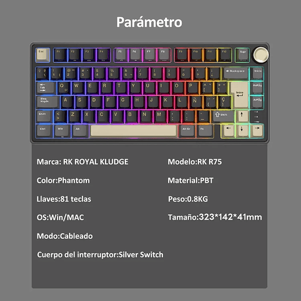 Teclado Gamer Royal Kludge R75 Phantom Sw Silver ESP 3