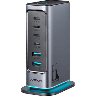 Joyroom JR-T cm02 Hálózati Töltő 2xUSB-A És 4x-USB-C Csatlakozással GaN 65W-Sötétszürke (6956116795528)