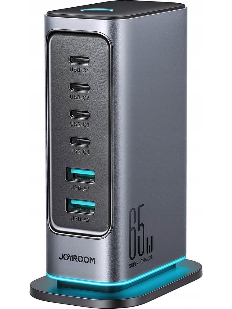 Joyroom JR-T cm02 Hálózati Töltő 2xUSB-A És 4x-USB-C Csatlakozással GaN 65W-Sötétszürke (6956116795528) 1