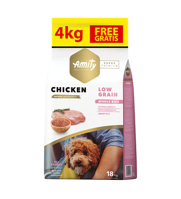 Amity Low Grain Pollo Adulto 14Kg Perro + 4 kilos gratis