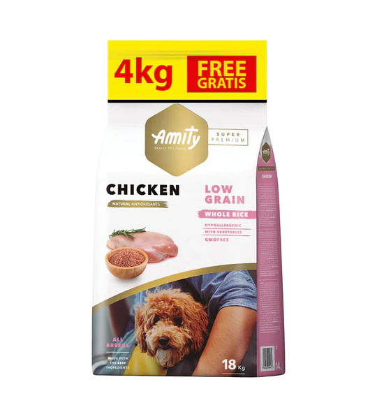 Amity Low Grain Pollo Adulto 14Kg Perro + 4 kilos gratis - 