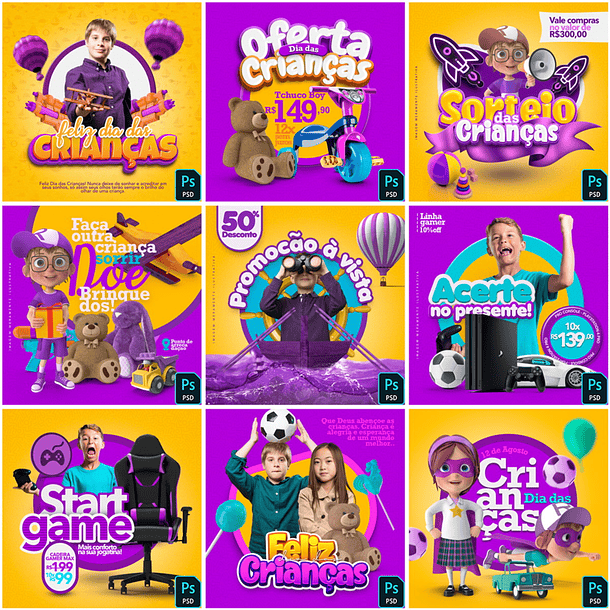 30 Artes Mídias Sociais Dia das Crianças Editáveis Photoshop 1