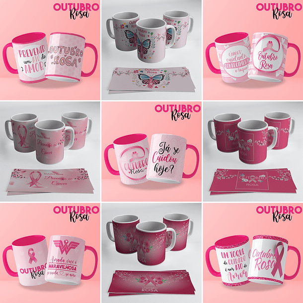 85 Artes para Caneca Outubro Rosa Editável em Corel Draw 2