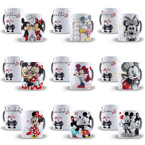 11 Artes para Caneca Emoções Mickey e Minnie Editável em Corel Draw