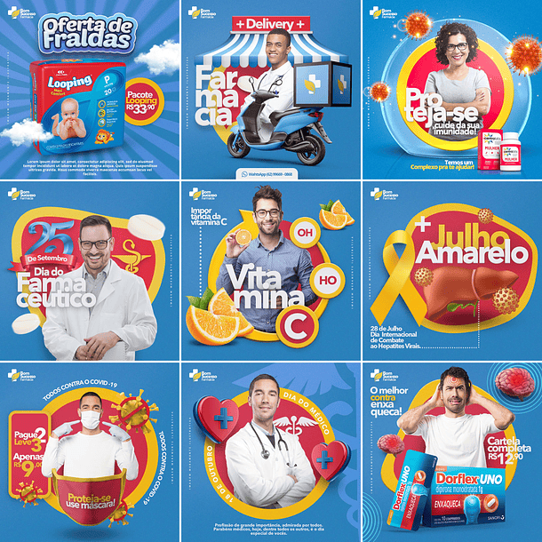 10 Artes Mídias Sociais Farmacia Drogaria Editáveis Photoshop