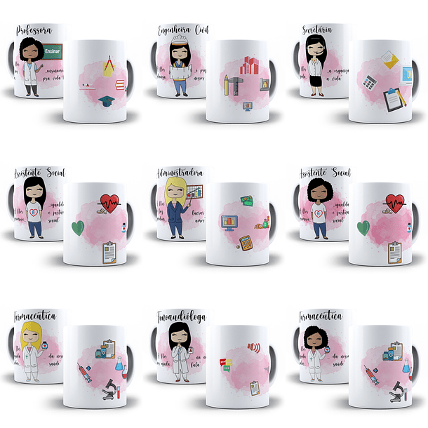 64 Artes para Caneca Profissão Feminina Editável em Corel Draw 3