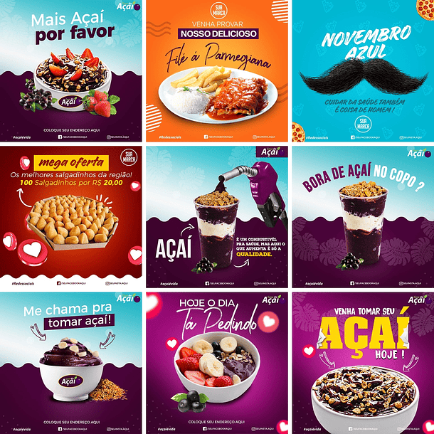 Mini Pack Artes Mídias Sociais Pizzaria, Açai e Lanches Editáveis Photoshop 2