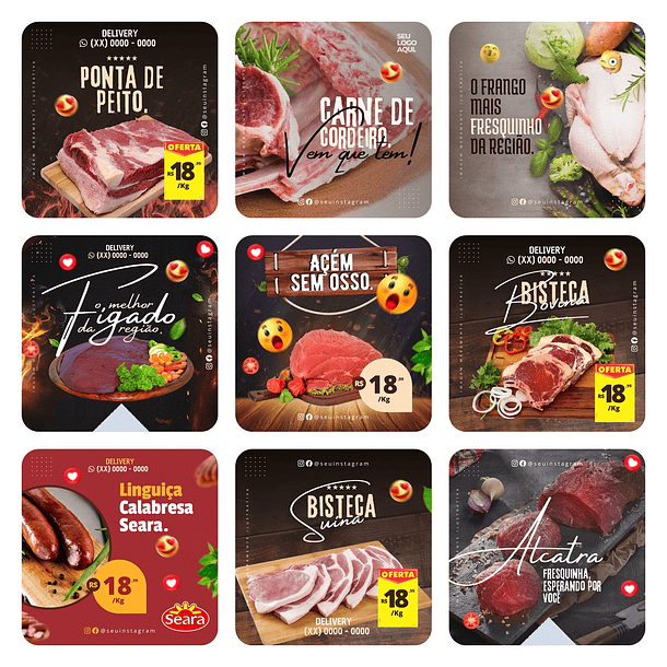 Pack Canva Açougue Templates Editáveis 40 Artes + Bônus 3