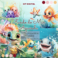 Kit Digital Fundo do Mar Aquarela Arquivos em Png  