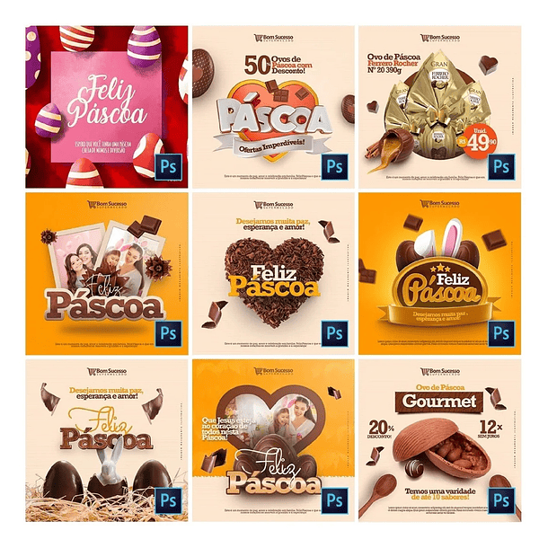 25 Artes Mídias Sociais Pascoa Editáveis Photoshop 1