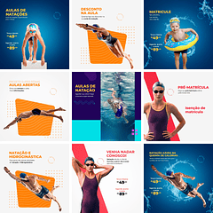 20 Artes Mídias Sociais Escola de Natação Editáveis Photoshop + Png