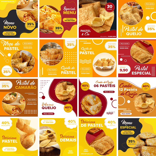 50 Artes Mídias Sociais Pastelaria Pastel 1.0 Editáveis Photoshop + Png 2