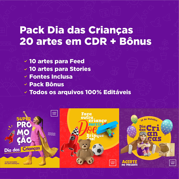 20 Artes Mídias Sociais Dia das Crianças Editáveis Corel Draw + Png 2