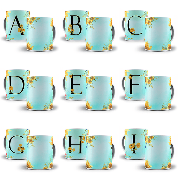 26 Arte para Caneca Alfabeto Girassol Verde em Jpg   2