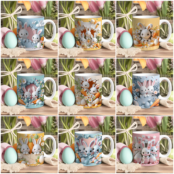 30 Arte para Caneca Páscoa Coelhinhos 3d Arquivo em Jpg  3