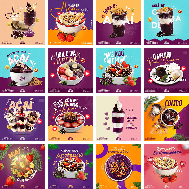 Pack Canva Açaí Templates Editáveis 32 Artes + Bônus 1