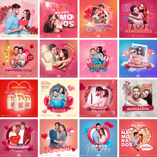 Pack Canva Dia dos Namorados Templates Editáveis 16 Artes + Bônus