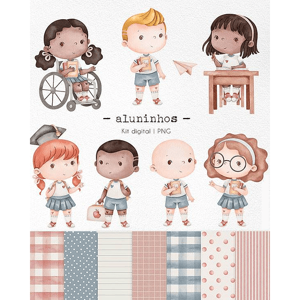 Kit Digital Aluninhos em Aquarela  sem fundo Png  1