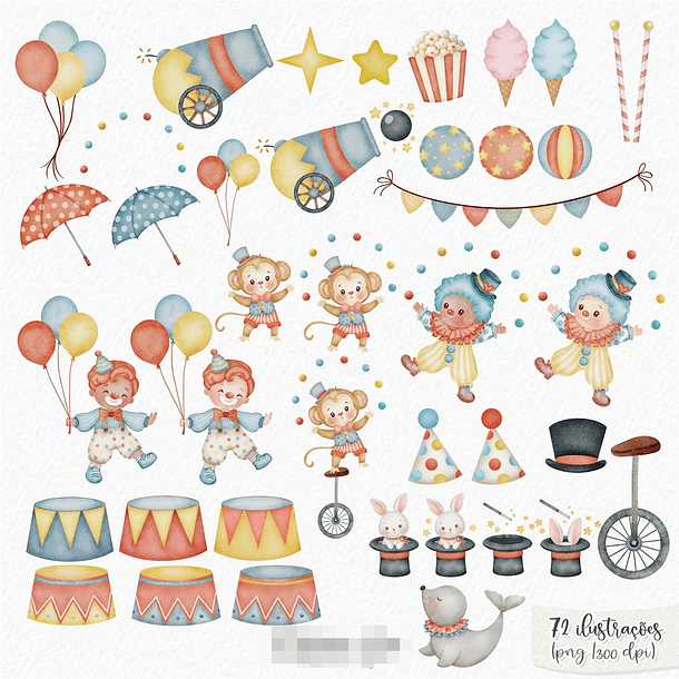 Kit Digital Circo Mágico Aquarelado em Png 2